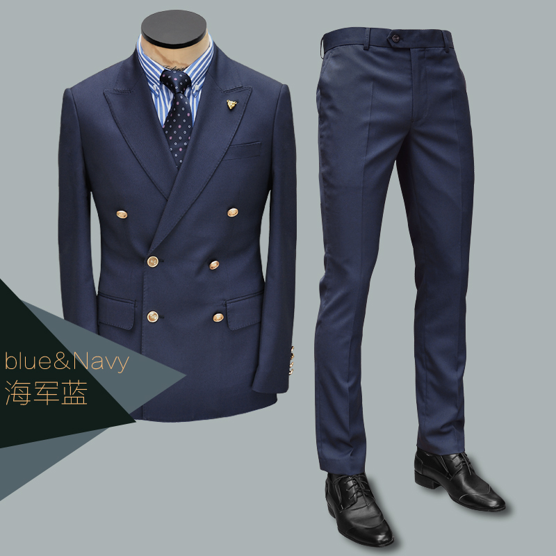 ZBTO藏青色海军蓝制服修身款羊毛男士时尚商务双排扣西装西服套装