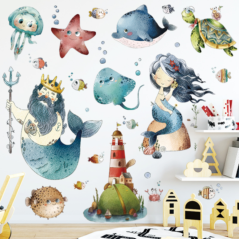 可移除墙贴可爱卡通海洋美人鱼浴室卫生间儿童房幼儿园动物贴纸画