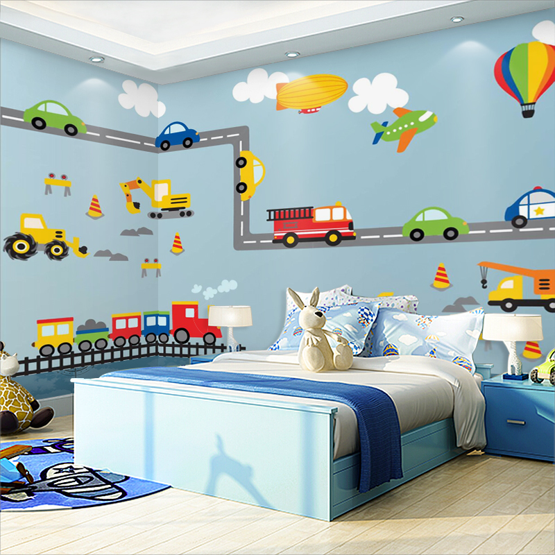小汽车儿童房壁纸男孩女孩卧室卡通温馨幼儿园墙纸无纺布墙布壁画