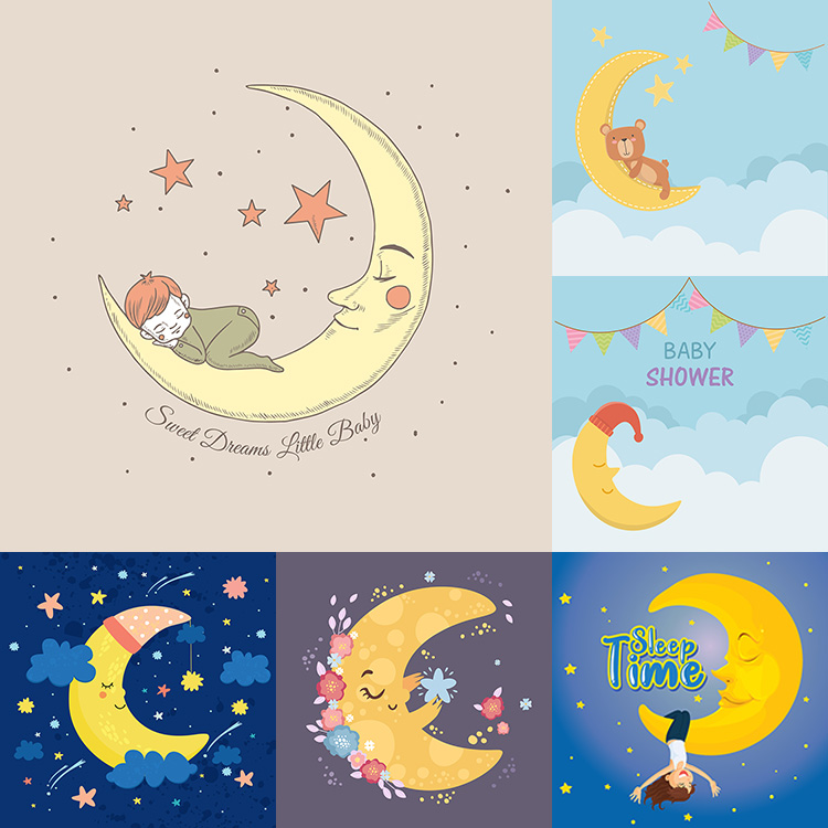 月亮睡觉插画 卡通手绘可爱晚安儿童海报背景 AI格式矢量设计素材