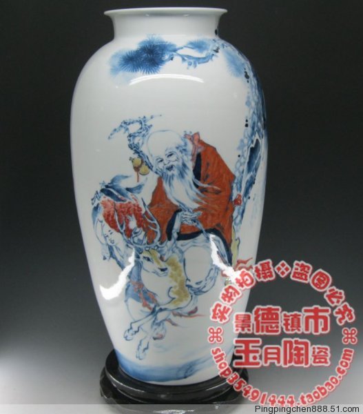 景德镇陶瓷 罗时云作品 手绘人物寿星 福大寿大 中式摆件瓷器花瓶