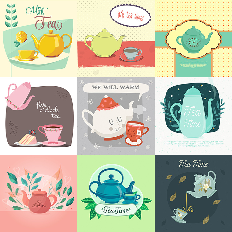 茶壶插画 清新可爱下午茶时光手绘海报背景 AI格式矢量设计素材