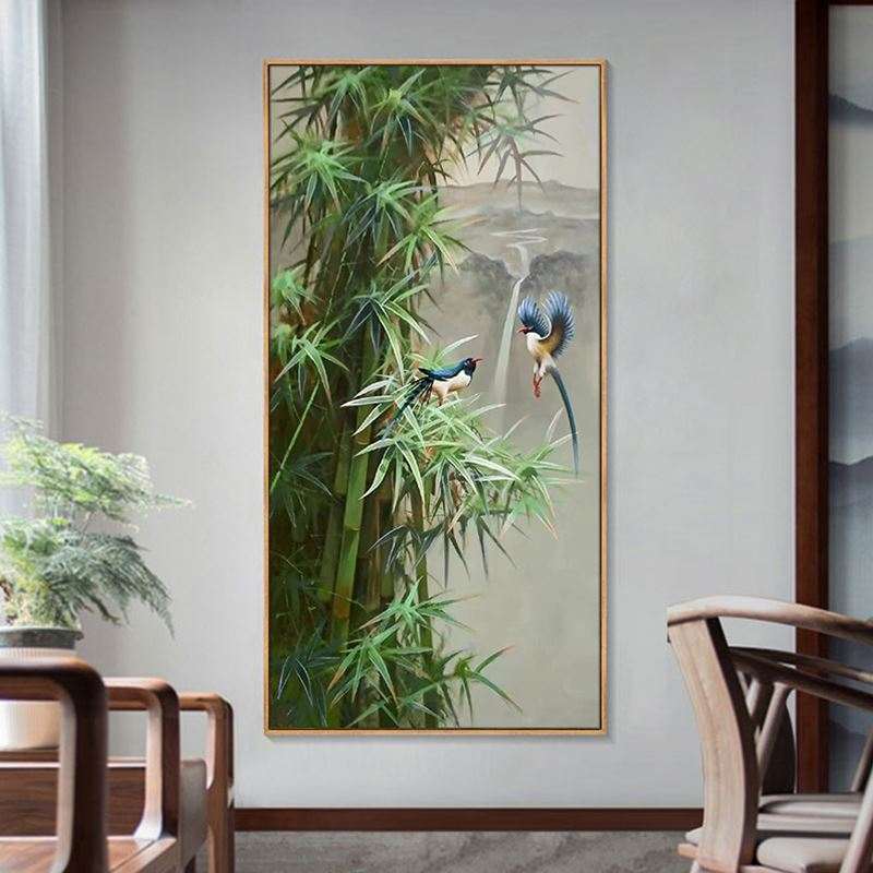 大芬村竹子纯手绘油画新中式竹报平安客厅装饰画喜鹊喜上枝头挂画