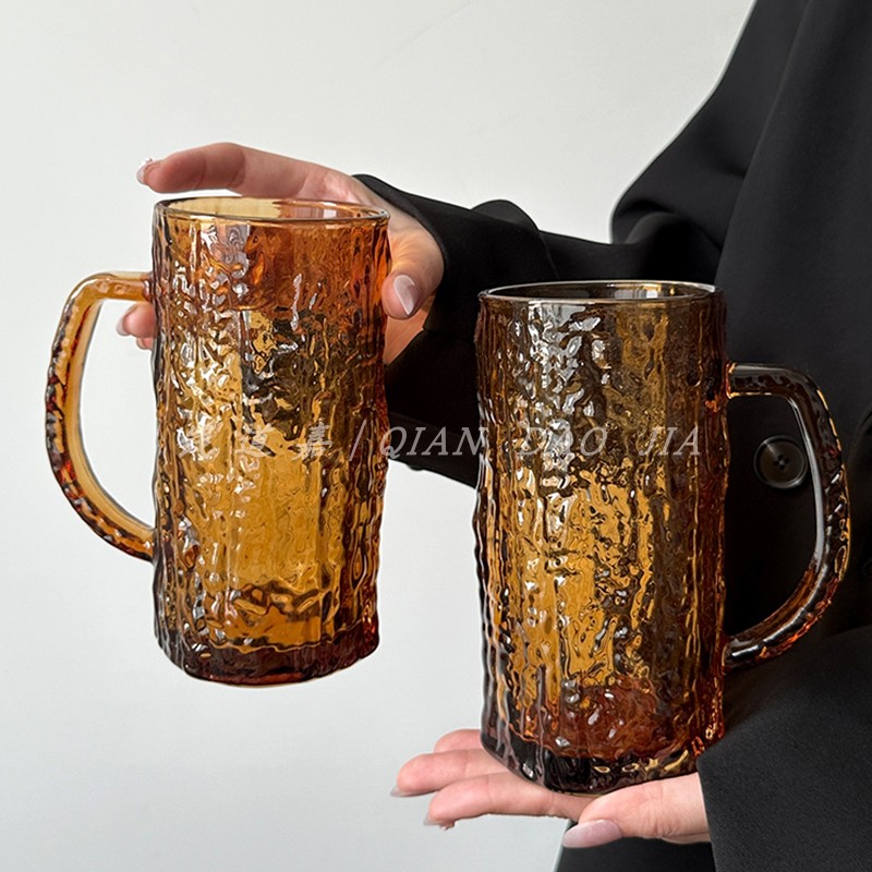 复古带把手琥珀色树皮纹玻璃杯大容量啤酒杯扎啤喝水泡茶果汁茶杯