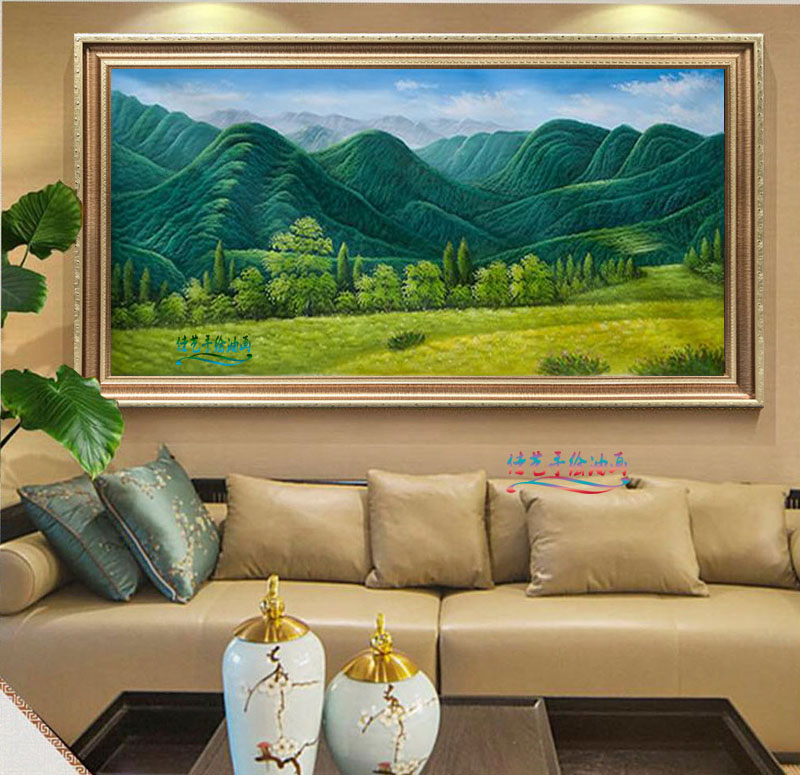 纯手绘元宝山风景油画直播巨人山客厅办公室有山无水装饰画绿树林