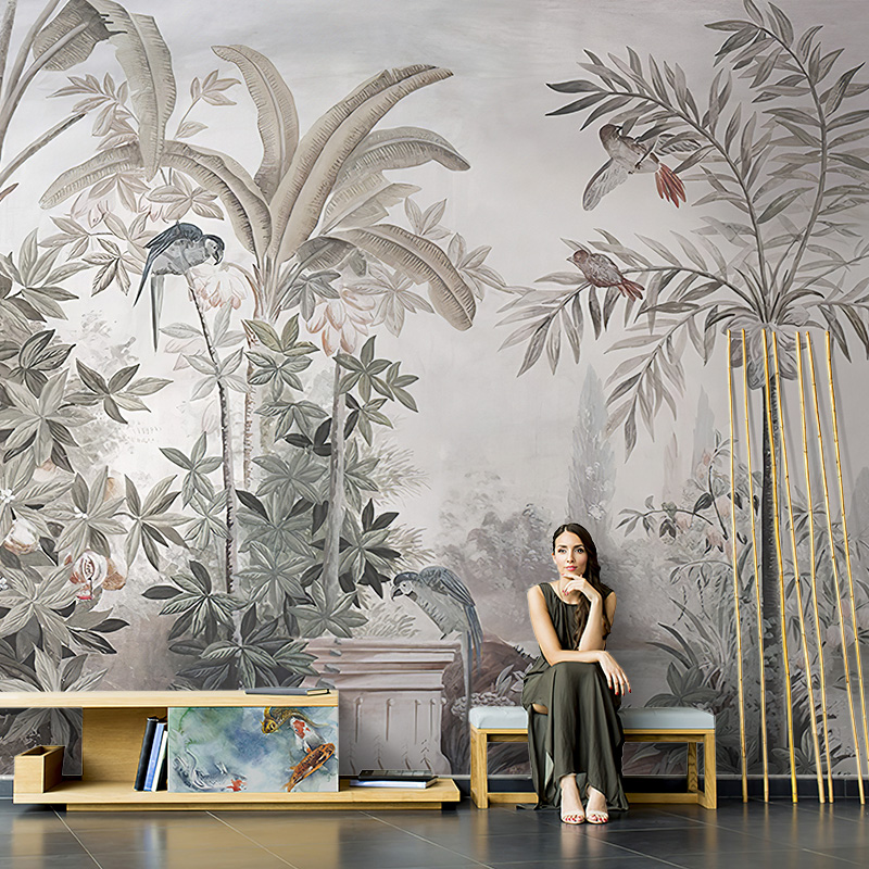法式手绘抽象芭蕉叶客厅电视背景墙壁纸无缝复古热带雨林植物墙布