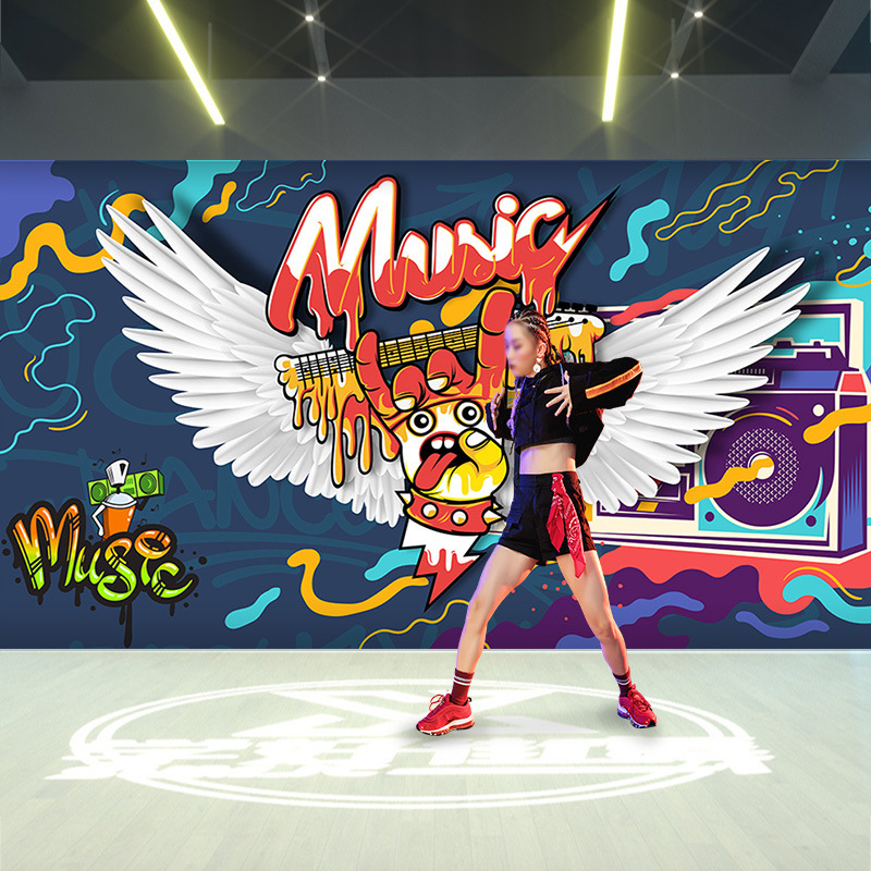 欧美潮流涂鸦风格壁纸嘻哈艺术网红翅膀墙布音乐舞蹈教室背景墙纸