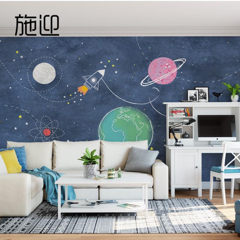 儿童房科幻壁纸壁画宇宙星空星球太空墙纸简约卡通男孩宇航员壁布