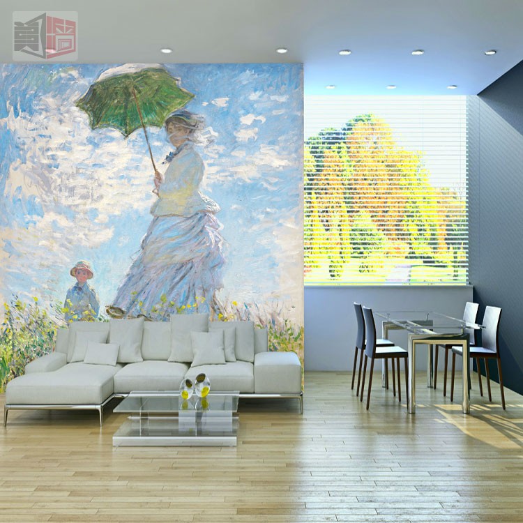 莫奈名画撑伞的女人壁纸 印象派油画墙纸 西餐厅欧式玄关壁画