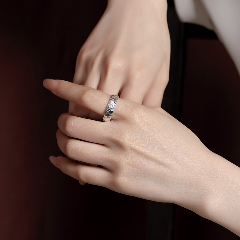 足银S999纯银戒指 不规则切面个性素圈指环 磨砂哑光食指戒男女款