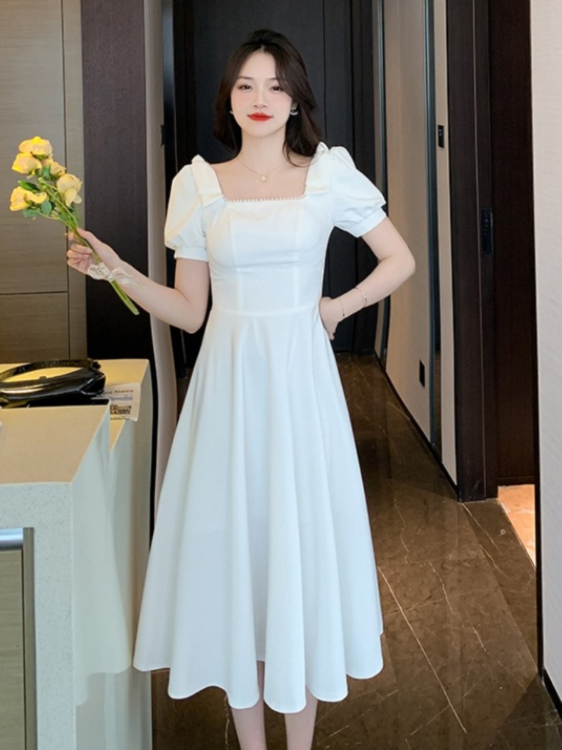 法式白裙时尚短袖连衣裙女2024夏季新款小个子小礼服女士a字长裙