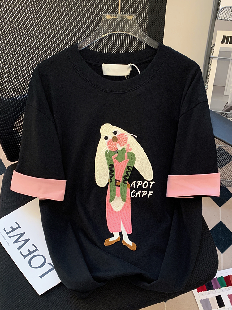 GG。MAJE DVAWN韩版卡通兔子刺绣短袖T恤女夏设计感休闲宽松圆领