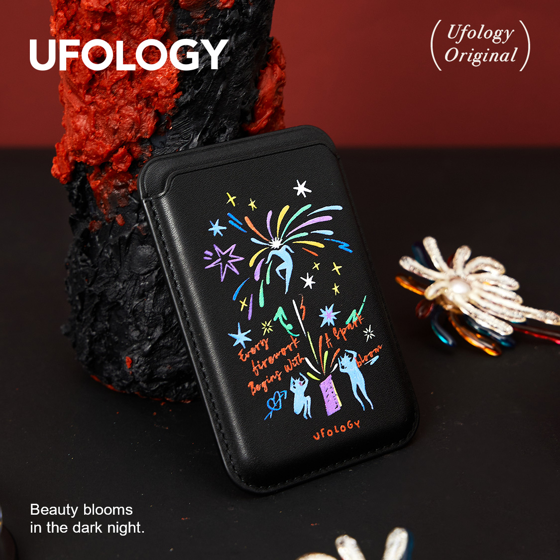 Ufology原创设计黑色烟花小人磁吸卡包适用苹果magsafe卡套小众