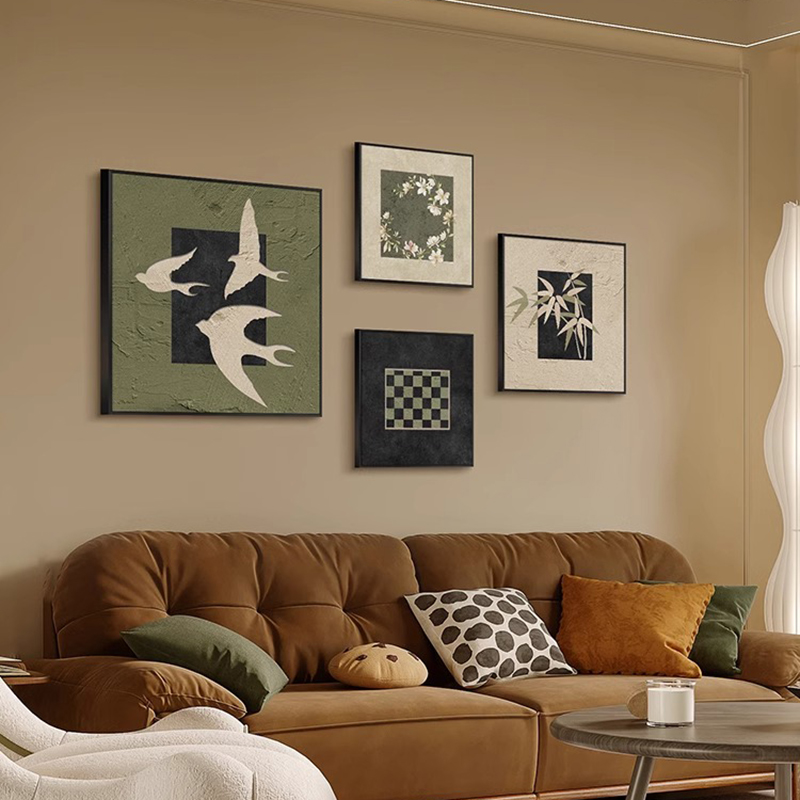 侘寂中古风客厅装饰画复古抽象黑白艺术组合画美式沙发背景墙挂画