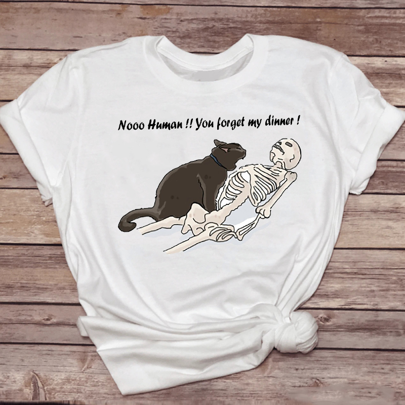 男女短袖猫搞笑骷髅宠物可爱时尚潮流90年代动物上衣女士圆领T恤