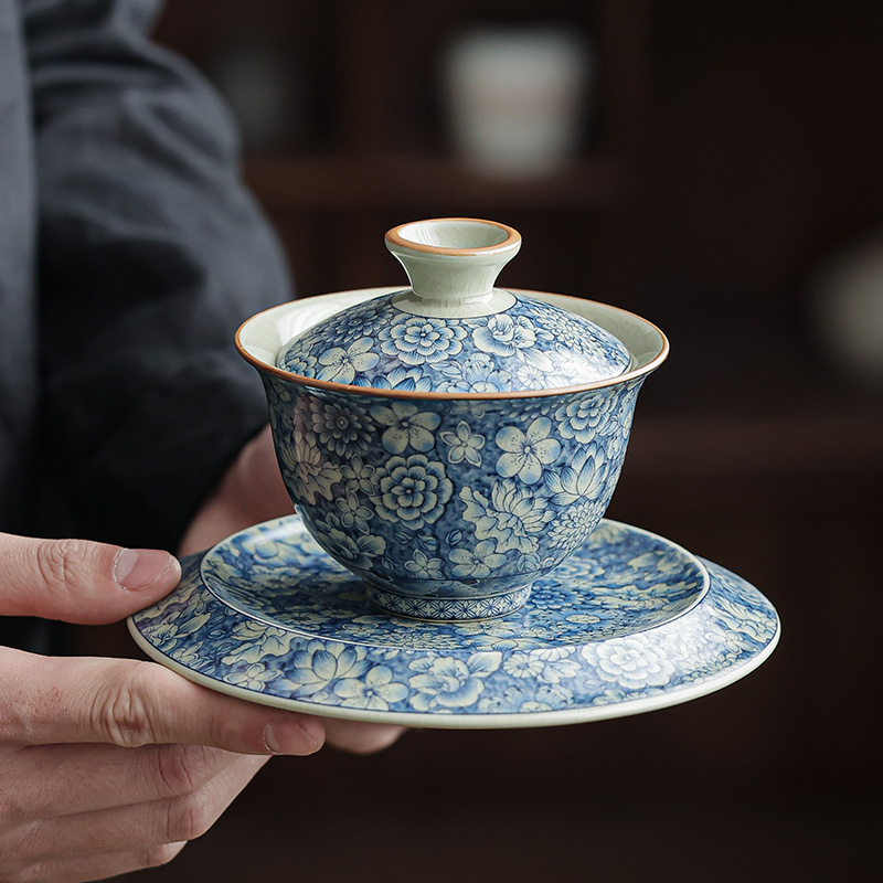 老陶泥陶瓷青花盖碗茶杯单个开片茶碗功夫茶具单个三才泡茶碗敬茶