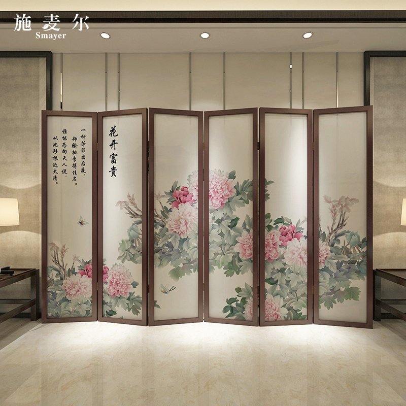 中式客厅屏风隔断装饰移动折叠玄关茶馆酒店实木富贵牡丹半折屏