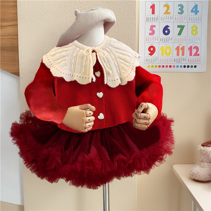 女童tutu裙搭配上衣春秋开衫儿童纯棉针织外套宝宝红色娃娃领毛衣