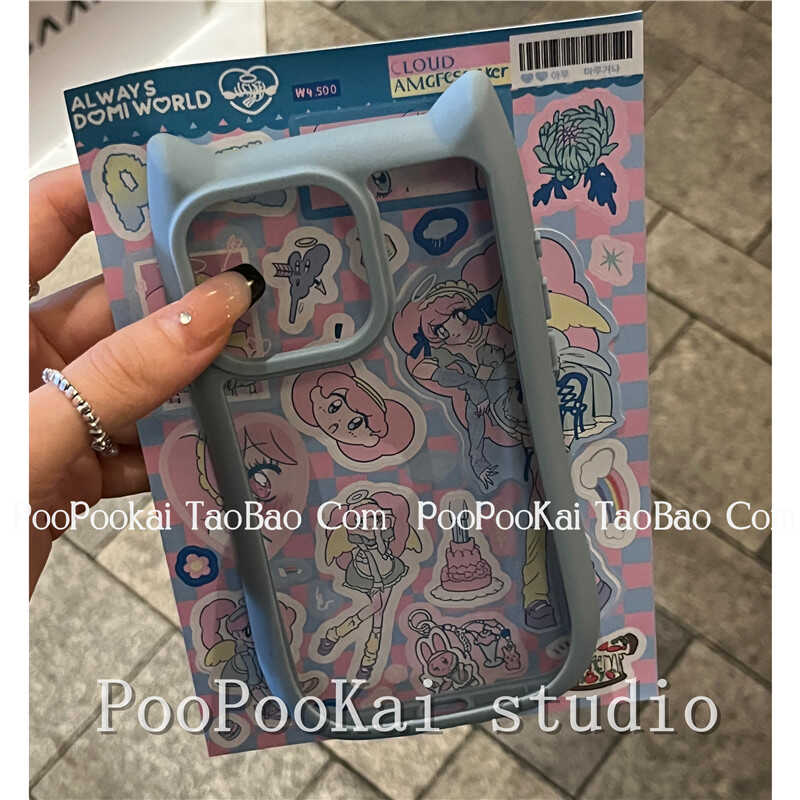 PooPooKai日系baby蓝色猫耳朵diy贴纸适用于苹果15promax全包iPhone14pro手机壳防摔14可爱13软12少女二次元