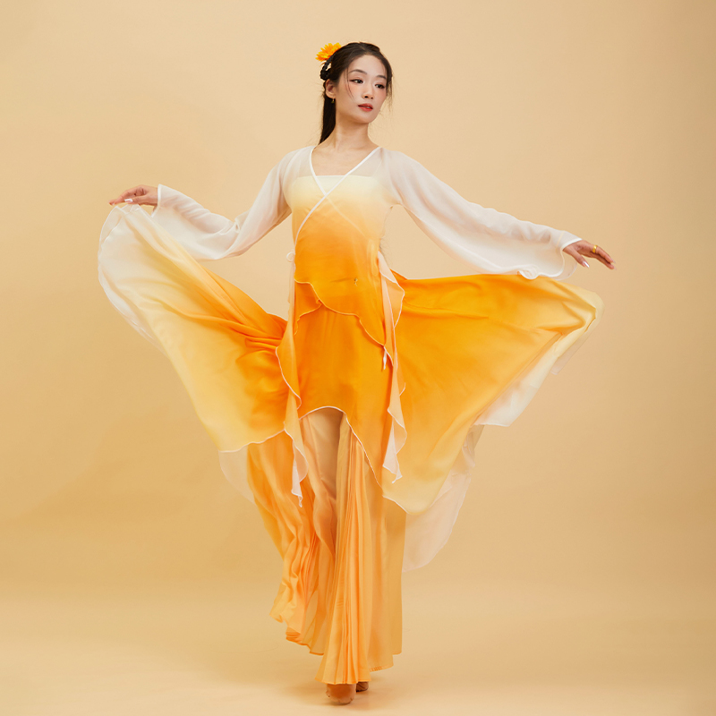 诗意花朵中国风舞蹈服浮光跃金舞蹈服橙色渐变色吊带古风纱衣裙裤