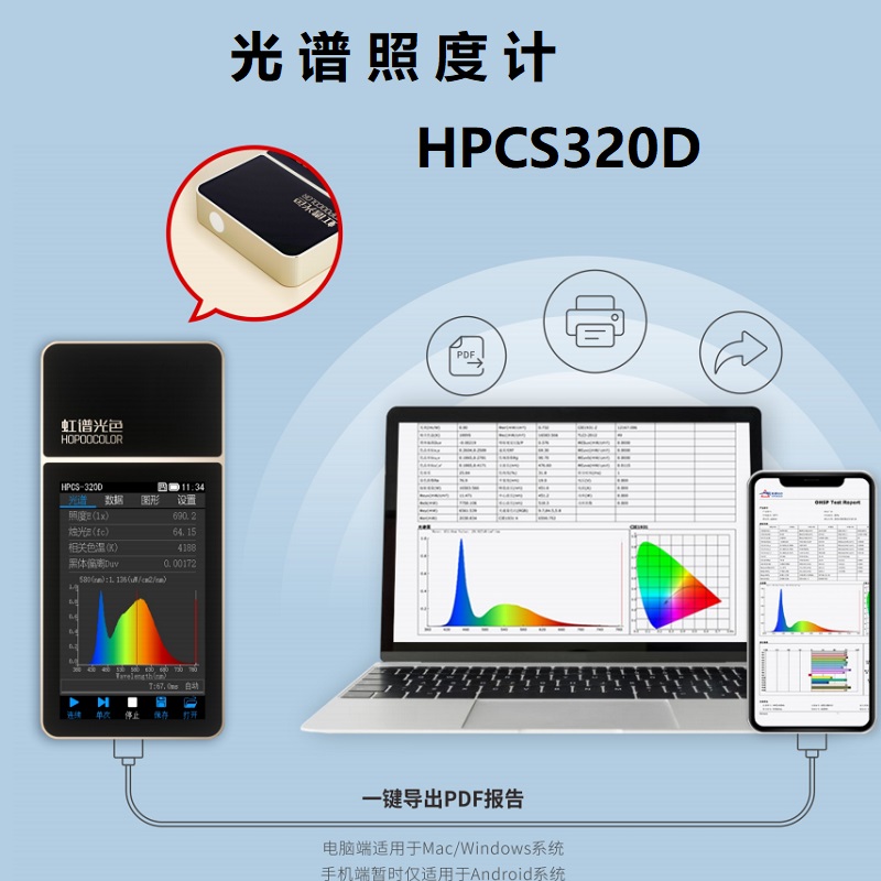 HPCS-320D光谱彩色照度计色温仪波长检测仪手持LED灯具显指RA测试