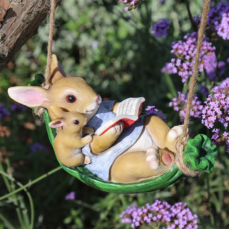 花园杂货 庭院小摆件树上装饰 创意卡通动物树脂秋千小兔子摆件