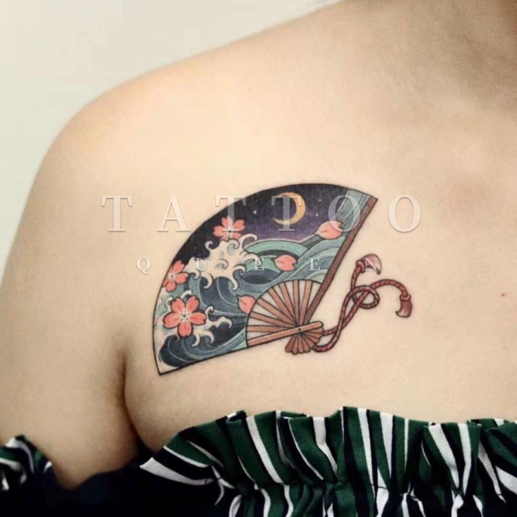 花臂少女TATTOO X295 浮世绘 海浪月牙扇子纹身贴一张3个