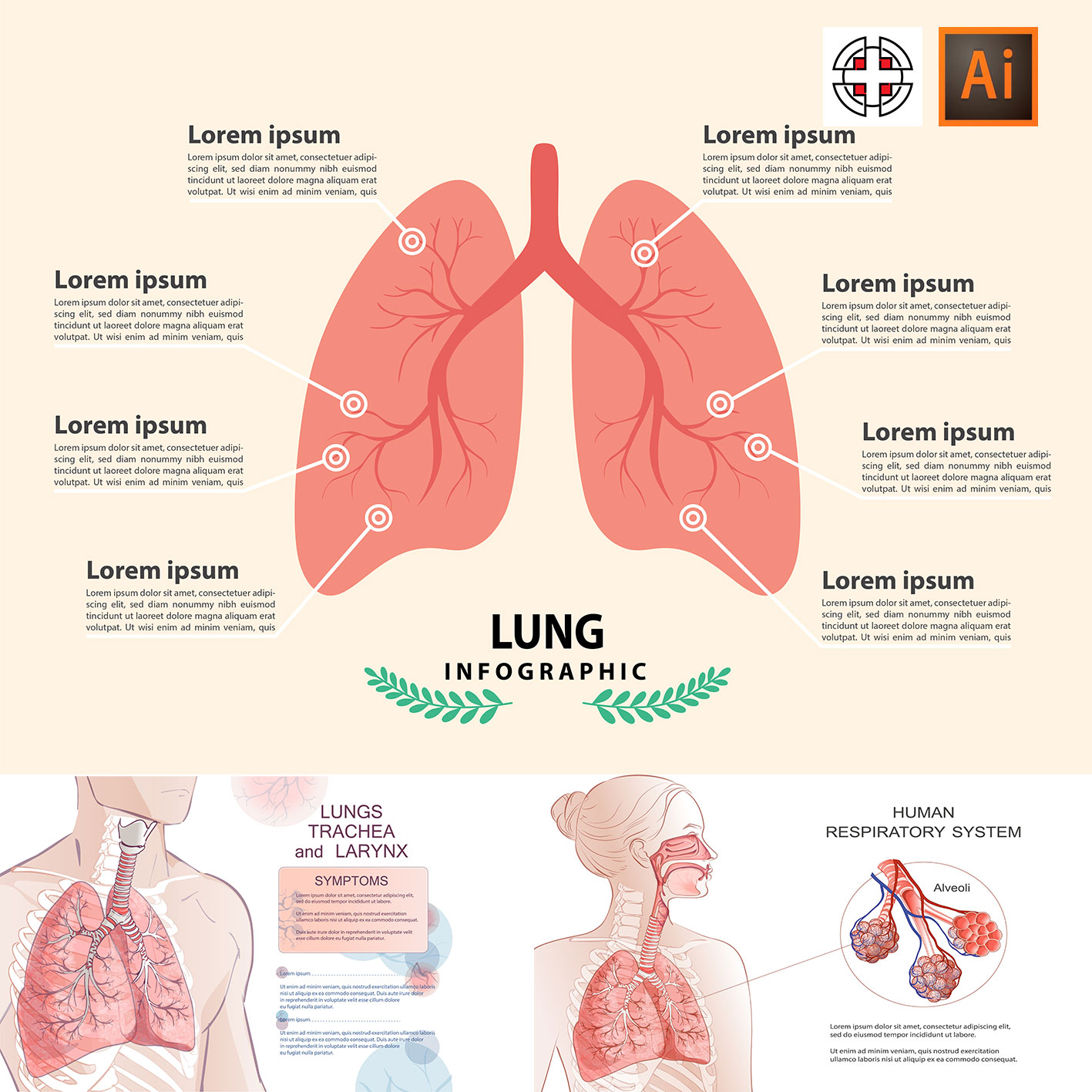 人体肺部医学解剖结构说明插画插图AI矢量设计素材