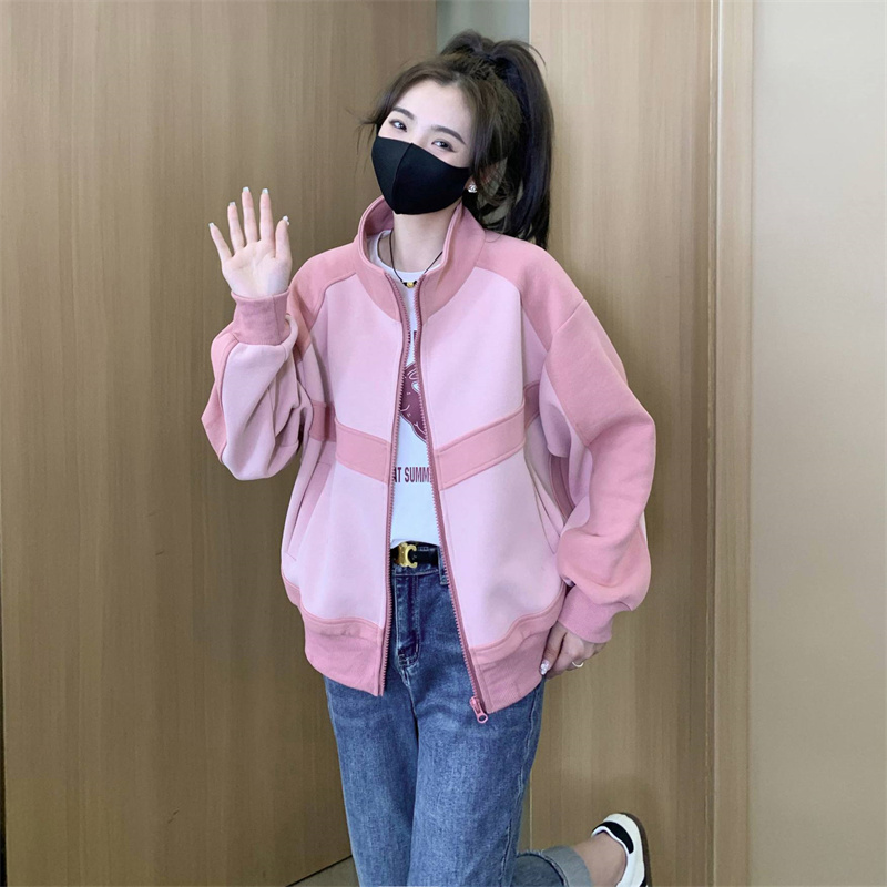 韩系休闲立领粉色棒球服外套女春秋2024年爆款设计感美式复古夹克