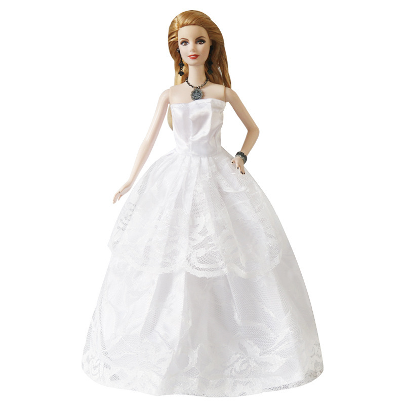 经典白色抹胸婚纱裙公主拖尾裙晚礼服衣服半包大裙适30cm芭比娃娃