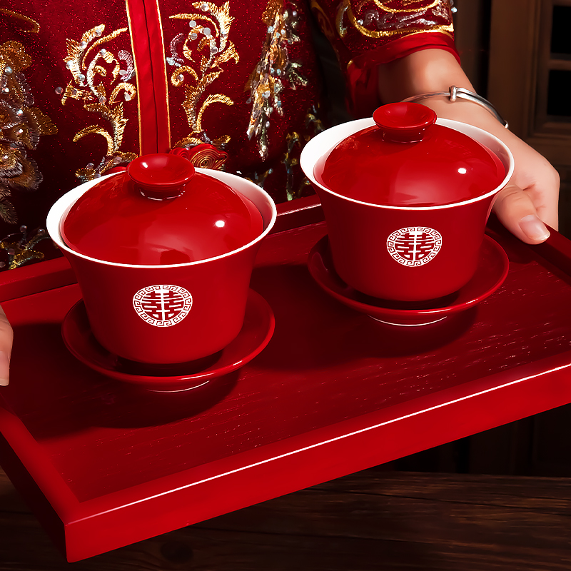 女方结婚礼物婚礼敬茶杯陶瓷喜碗喜杯喜筷套装对碗筷婚庆用品大全