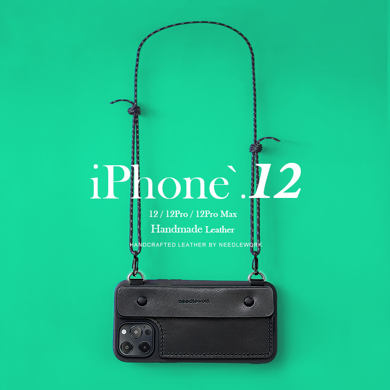 两针一线适用iphone15promax苹果手机壳斜挎可插卡挂绳14pro手机背带13真皮12卡包保护套小众个性纯黑色