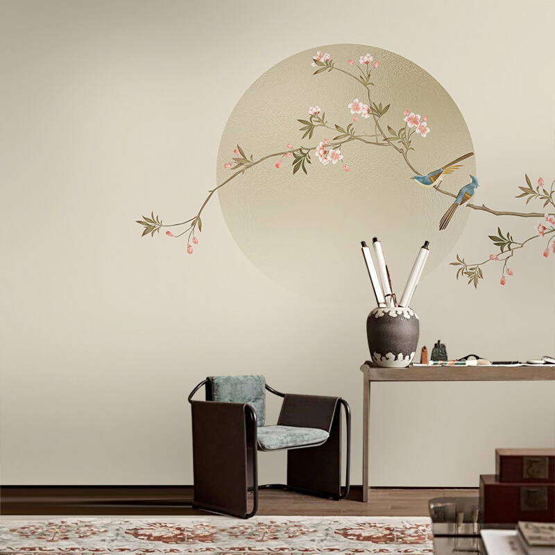 中式淡雅意境圆月花鸟壁纸客厅背景墙纸古典墙布卧室环保定制壁画