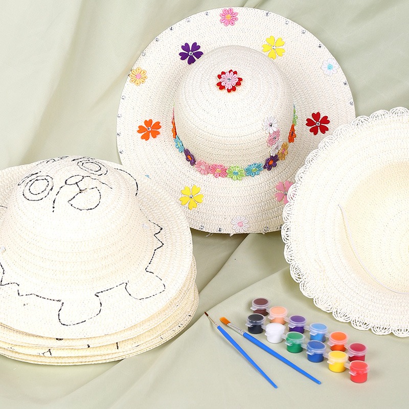 儿童绘画草帽DIY幼儿园墙面布置装饰创意美术材料画画涂鸦草编帽