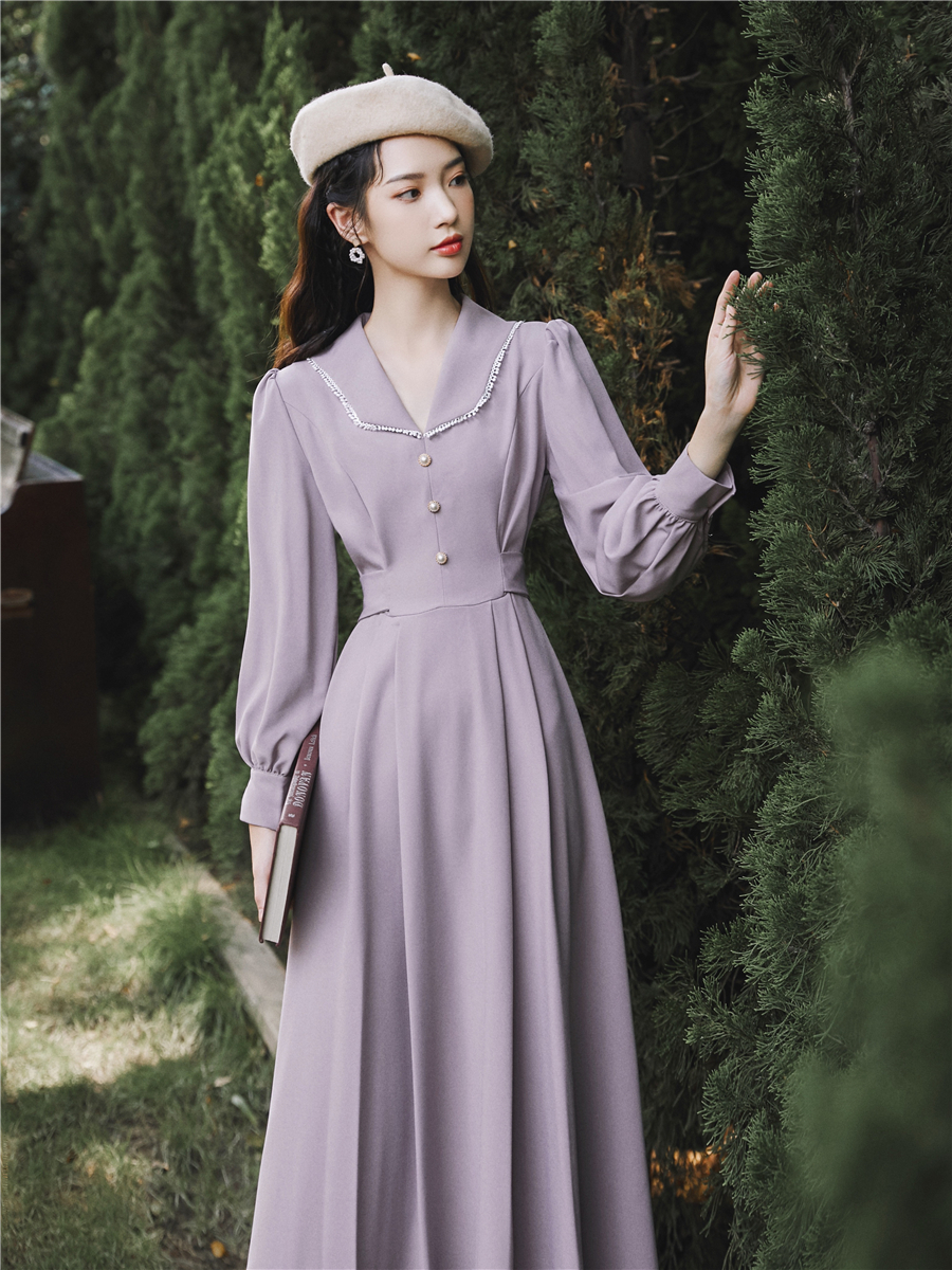 2021春秋新款法式伴娘礼服紫色日常小众连衣裙小个子长袖平时可穿