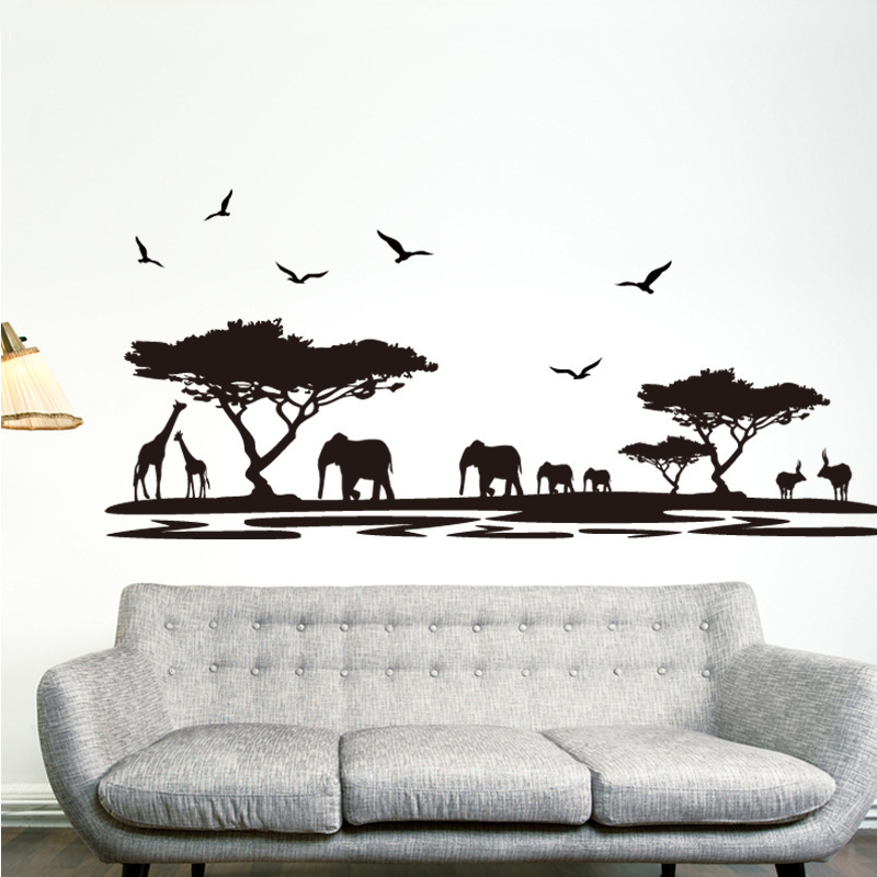 非洲大草原风景剪影黑色底贴纸大象客厅房间卧室背景墙纸壁纸贴画