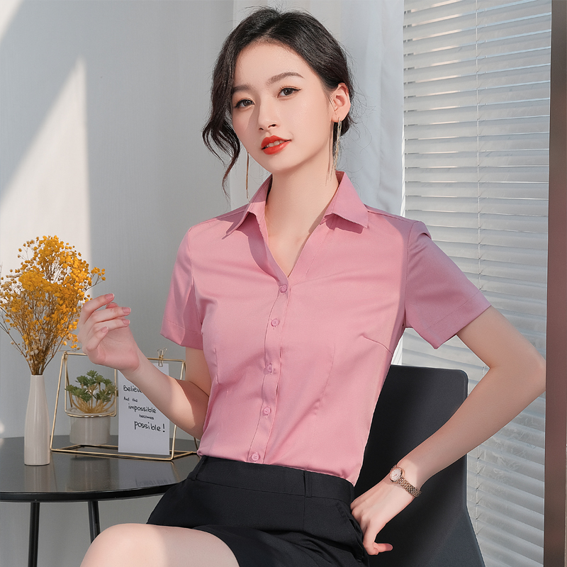 粉红色衬衫女短袖职业装小众设计感V领免烫弹力高级感衬衣工作服