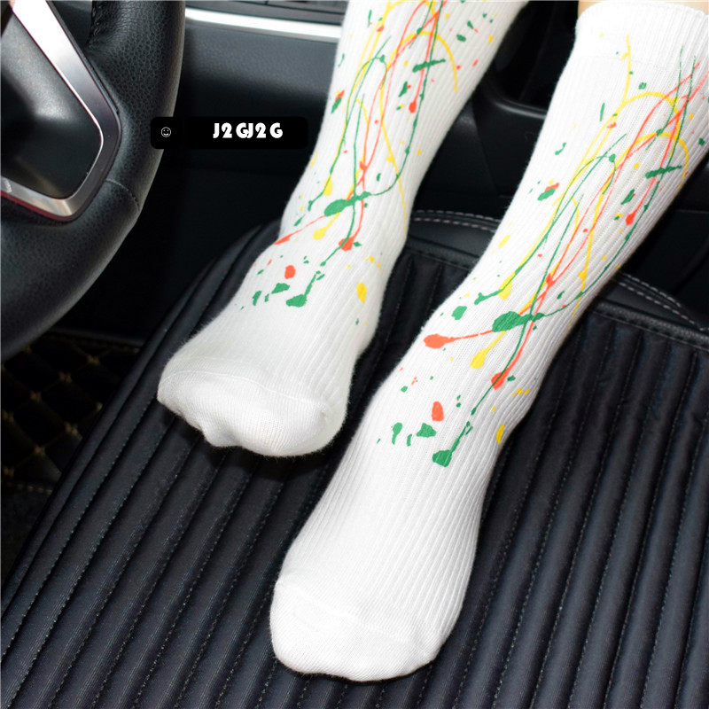 泼墨扎染双针堆堆中筒袜潮流运动ins风男女纯棉街头艺术彩色袜