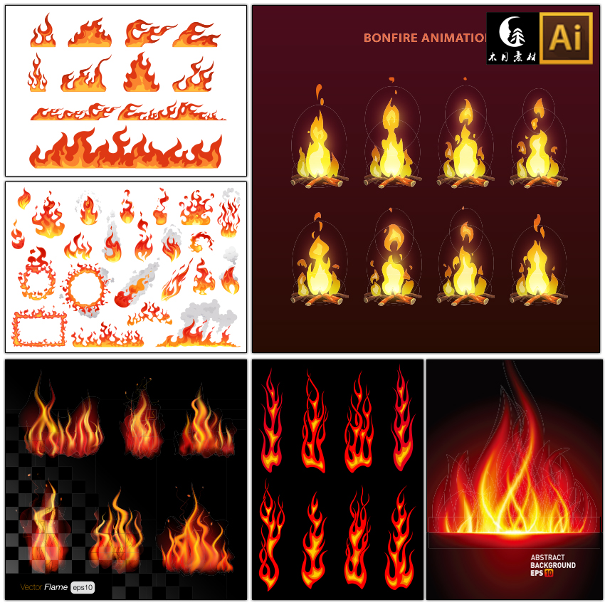 不同形状的炽热火焰元素火焰效果营火和野火矢量图片设计素材