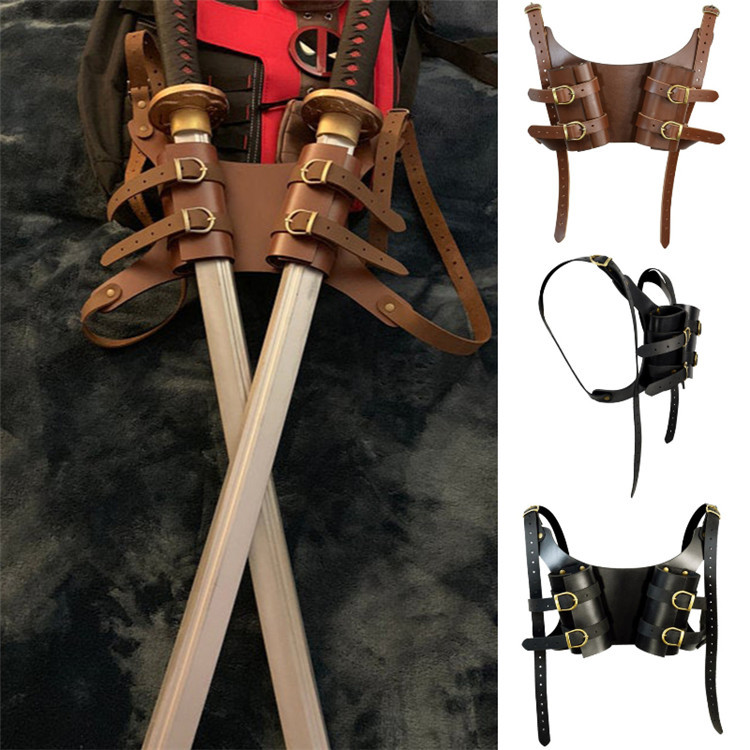 维京时期中世纪双剑套皮带后背剑鞘皮革cosplay道具骑士战士马甲