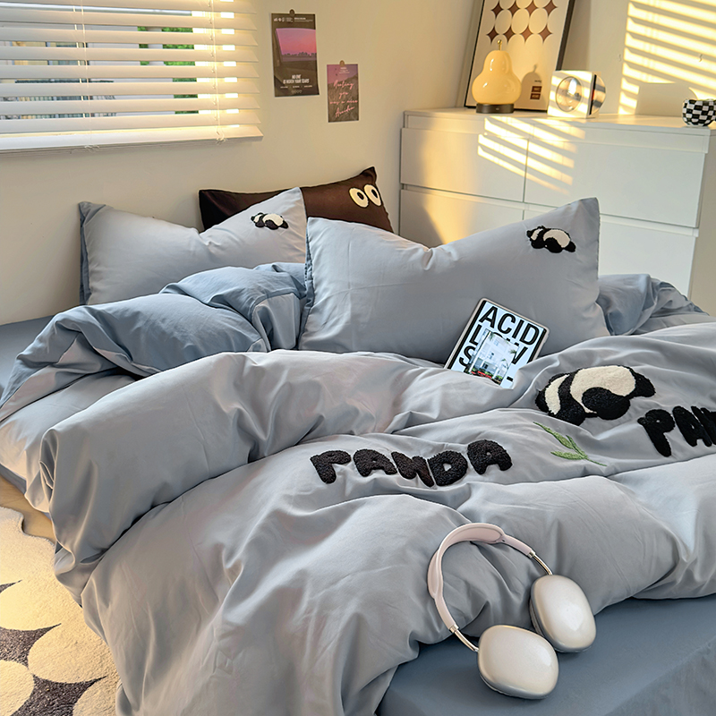 卡通水洗棉熊猫毛巾绣床上四件套被套罩床笠床品床单人宿舍三件套