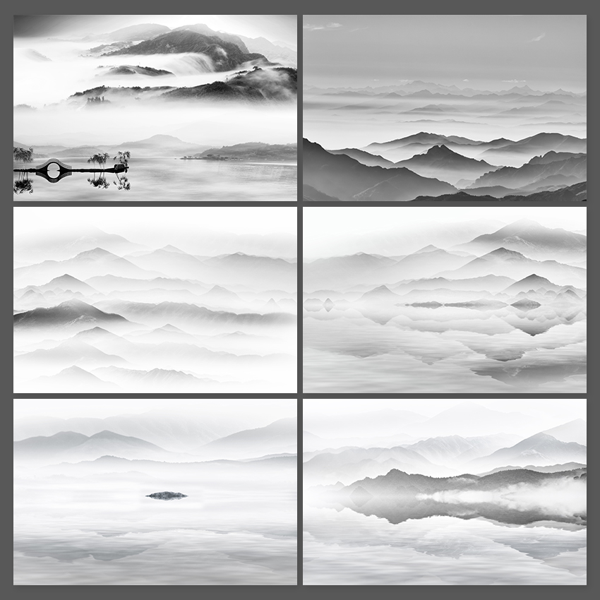 远山雾山黑白水墨简约中国风山水风景画背景图片素材
