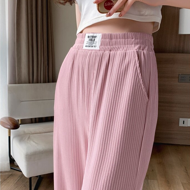 粉色冰丝裤子女夏季薄款窄版阔腿裤2024新款垂感直筒长裤小个子