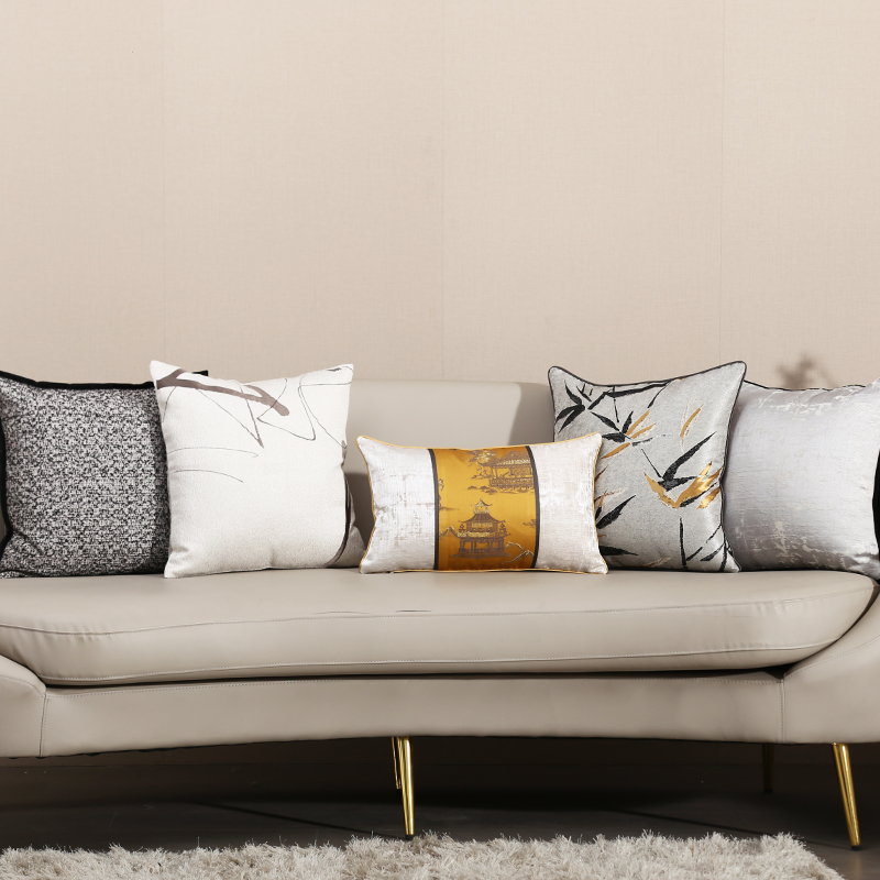 现代新中式沙发抱枕样板房客厅靠垫金黄色凉亭提花腰枕靠包定制