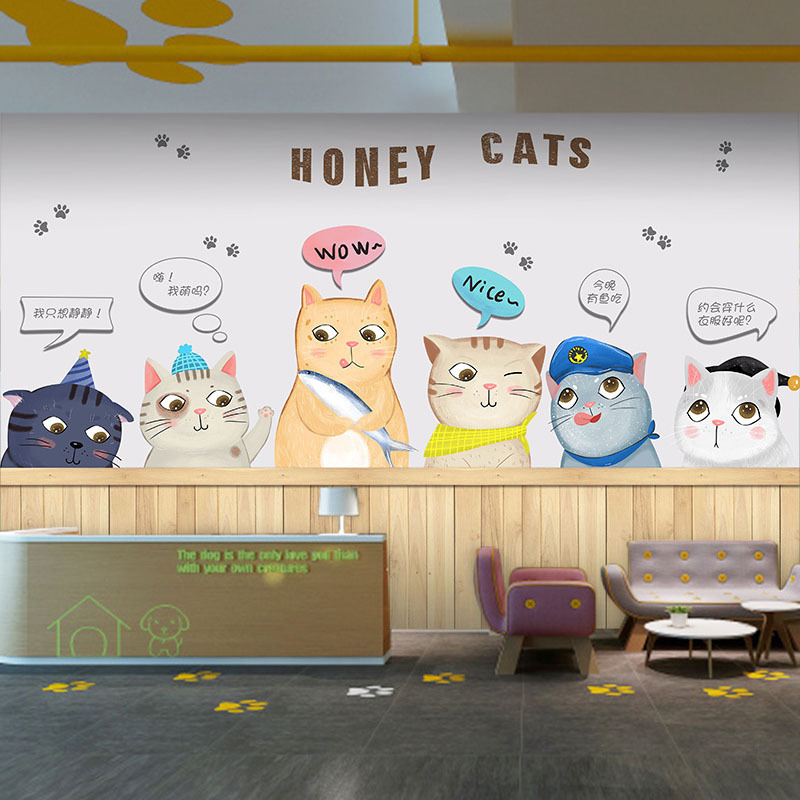 手绘卡通萌宠柴犬猫咪宠物店壁纸主题餐厅网红奶茶店拍照背景墙纸
