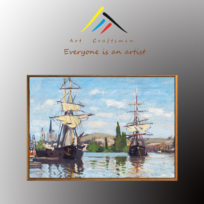 《船只》莫奈油画装饰画海边大海海船地中海客厅原版包邮名画成品