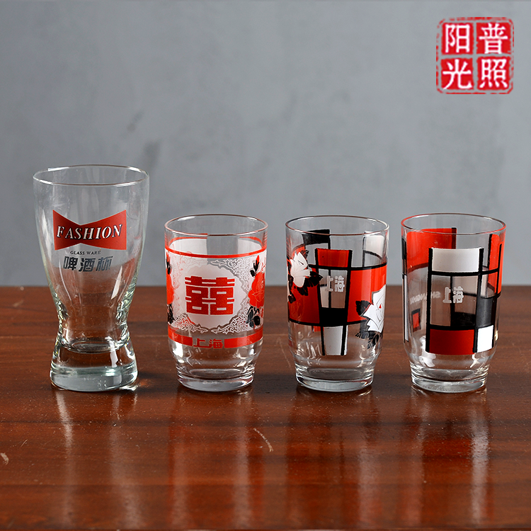 80 90年代天津上海 印花怀旧老物件茶杯啤酒杯水杯杯子 老玻璃杯