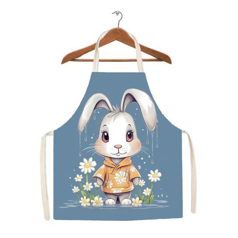 儿童围裙时尚亚麻家用厨房卡通可爱小白兔幼儿园画画围腰亲子罩衣