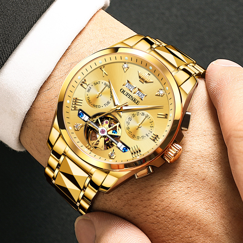 欧品客手表男表奢侈品防水黄金色金表瑞士品牌十大新款自动机械表
