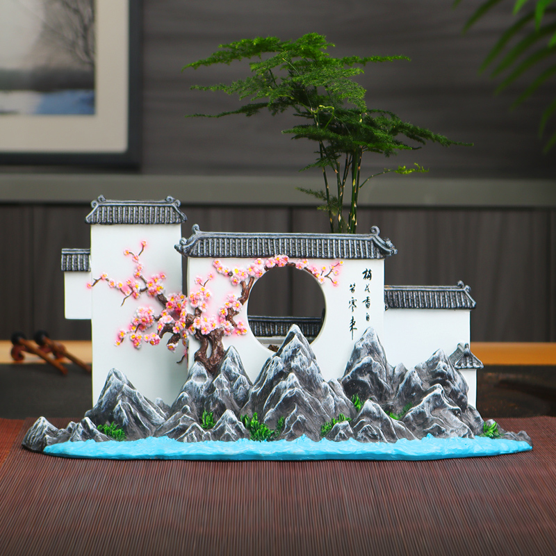 中式园林微景观建筑模型客厅装饰摆件办公室桌面树脂盆栽绿植场景